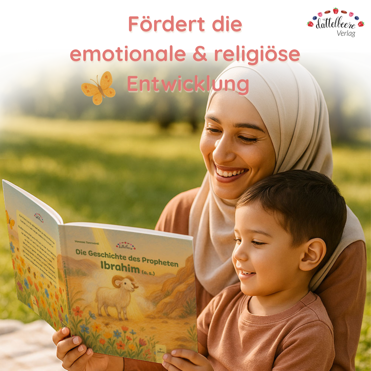 Muslimische Mutter liest mit Kind das Kinderbuch „Die Geschichte des Propheten Ibrahim (a. s.)“ im Sonnenschein