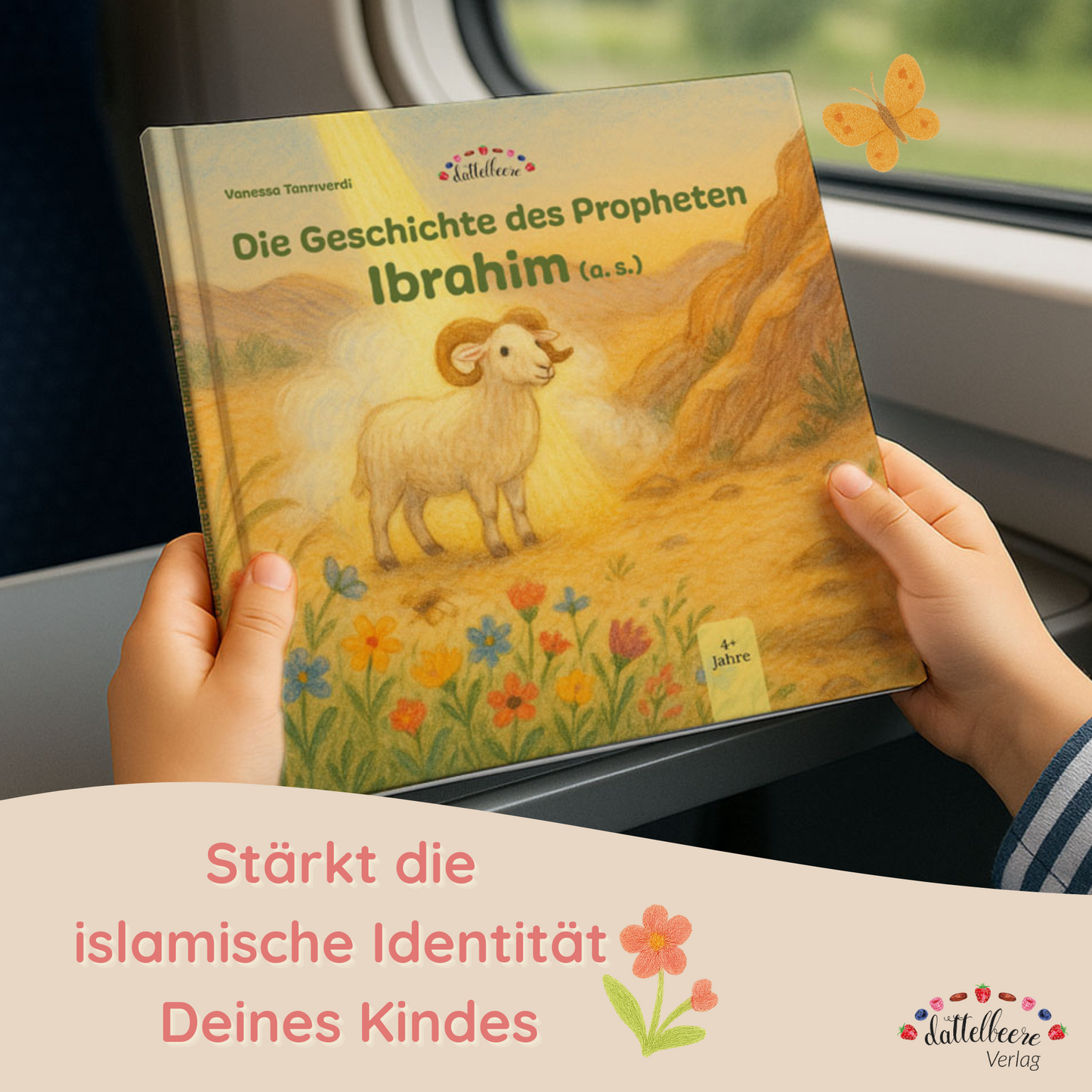 Kinderhände halten das islamische Kinderbuch „Die Geschichte des Propheten Ibrahim (a. s.)“ im Zug auf dem Schoß.