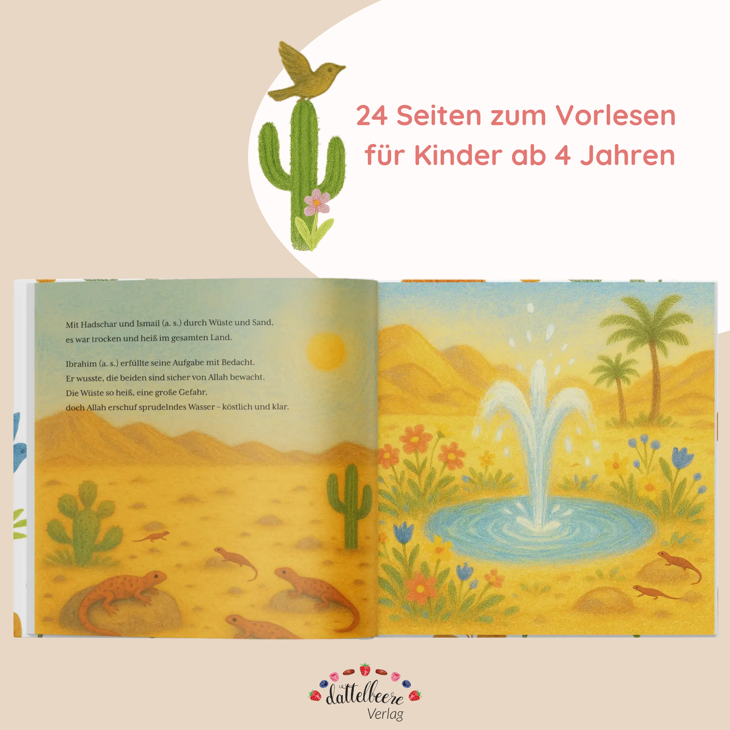 Doppelseite aus dem Kinderbuch „Die Geschichte des Propheten Ibrahim (a. s.)“ mit Wüstenszene, Quelle und Reimtext über Hadschar, Ismail und Allahs Fürsorge – geeignet zum Vorlesen ab 4 Jahren.