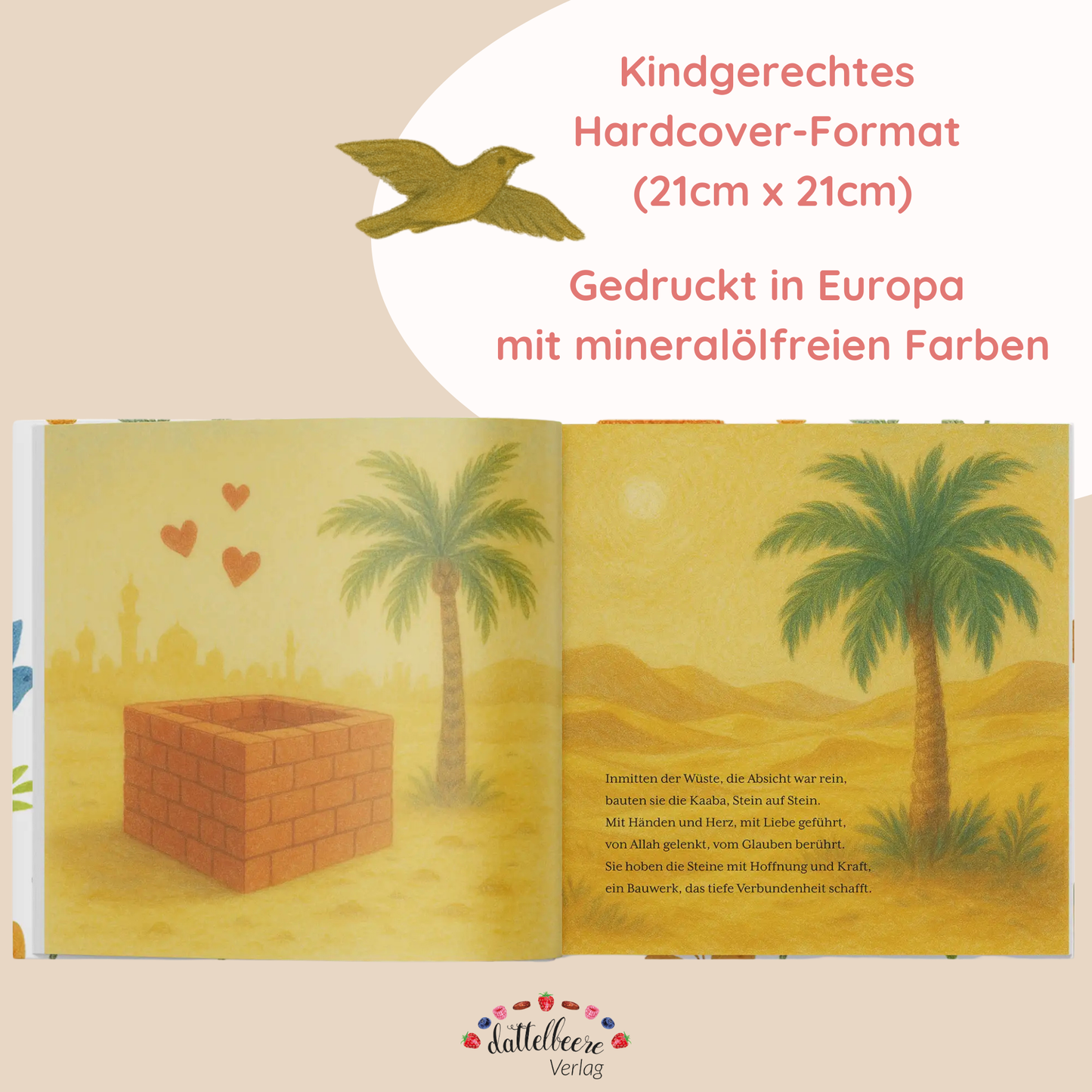 Illustration aus dem Kinderbuch „Die Geschichte des Propheten Ibrahim (a. s.)“: Bau der Kaaba in der Wüste mit Palmen und Reimtext – im kindgerechten Hardcover-Format, nachhaltig gedruckt in Europa.