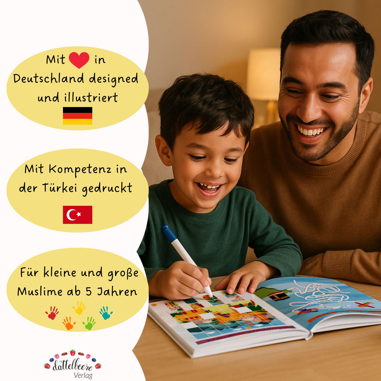 Islamisches Mitmachbuch für Kinder ab 5 Jahren – in Deutschland gestaltet, in der Türkei gedruckt, ideal für muslimische Familien.