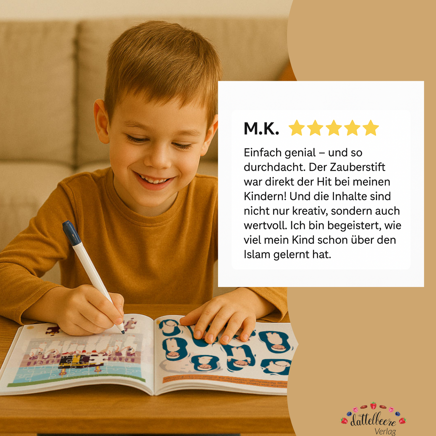 Begeisterte Kundenbewertung zum muslimischen Mitmachbuch – spielerisch den Islam lernen mit abwischbarem Stift und kreativen Rätseln.