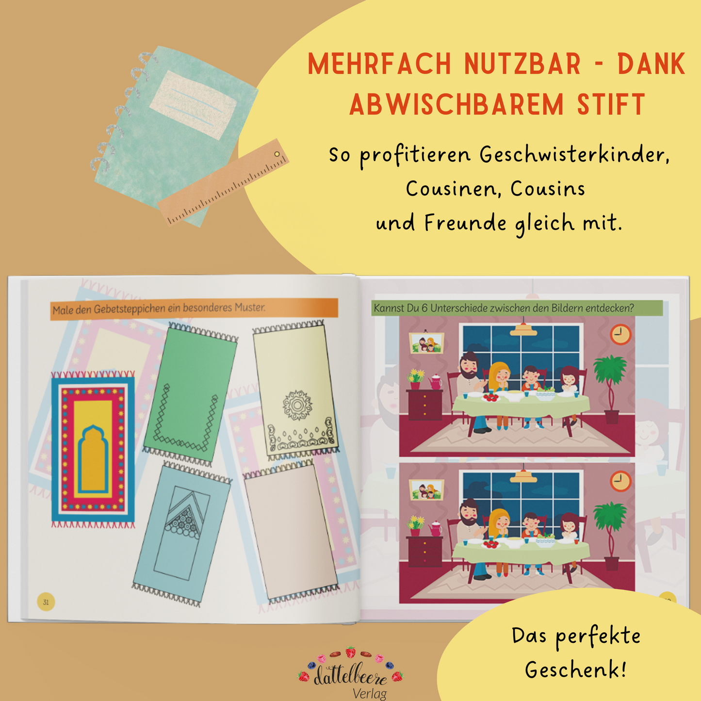 Wiederverwendbares muslimisches Mitmachbuch mit abwischbarem Stift – ideal als Geschenk für Geschwister und Freunde.