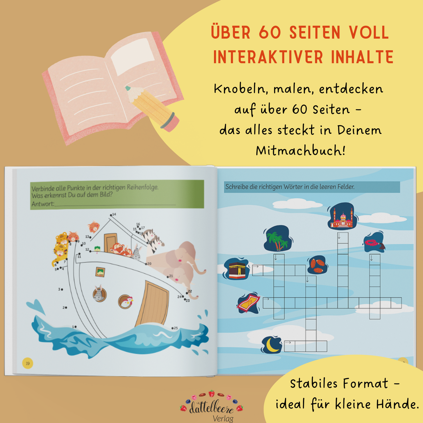 Islamisches Mitmachbuch mit 60 interaktiven Seiten für Kinder – spielerisch lernen, rätseln und malen im stabilen Format.