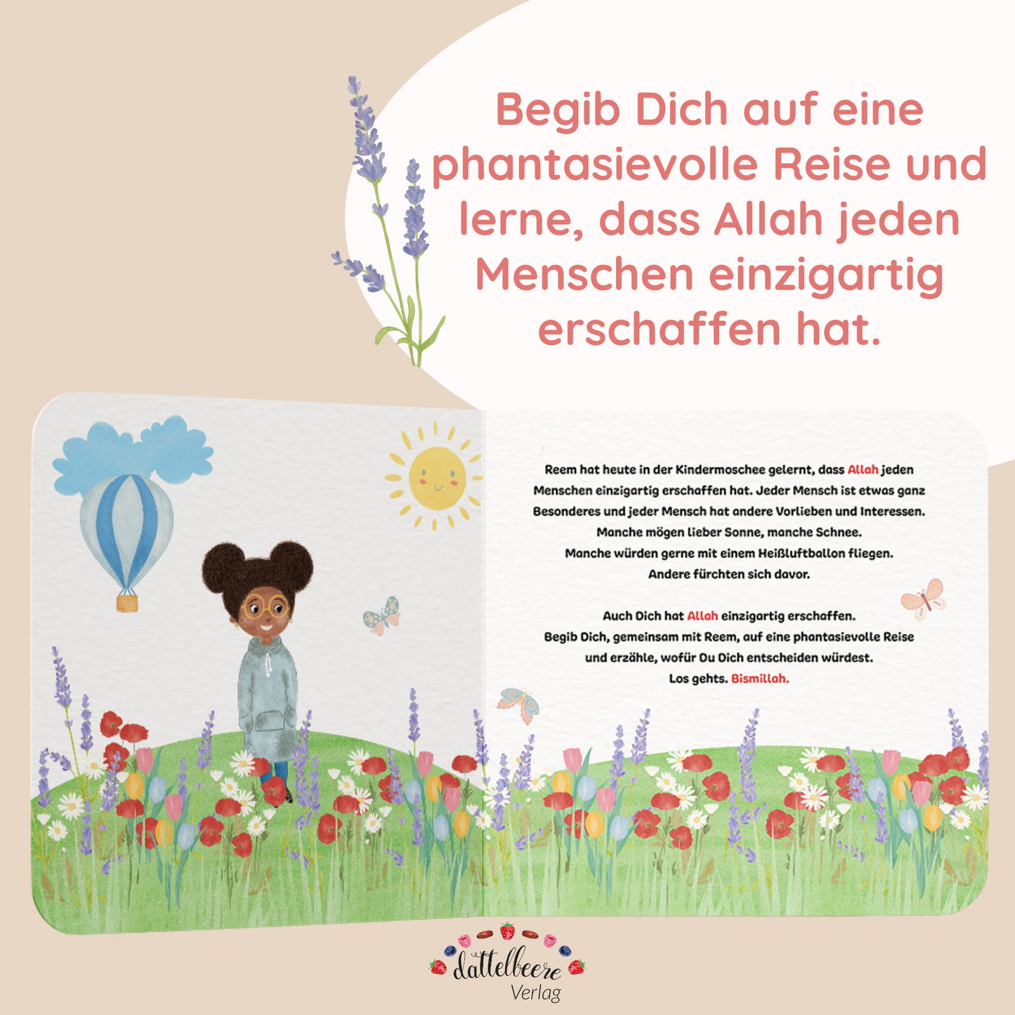 Doppelseite aus muslimischem Kinderbuch zeigt Reem auf einer Blumenwiese – Thema: Jeder Mensch ist einzigartig erschaffen.