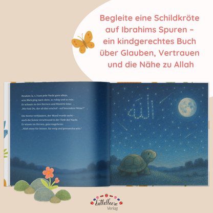 Doppelseite aus dem Kinderbuch „Die Geschichte des Propheten Ibrahim (a. s.)“ mit Schildkröte unter Sternenhimmel, kindgerecht erzählt mit Bezug zu Allah.