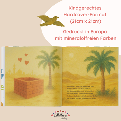 Illustration aus dem Kinderbuch „Die Geschichte des Propheten Ibrahim (a. s.)“: Bau der Kaaba in der Wüste mit Palmen und Reimtext – im kindgerechten Hardcover-Format, nachhaltig gedruckt in Europa.