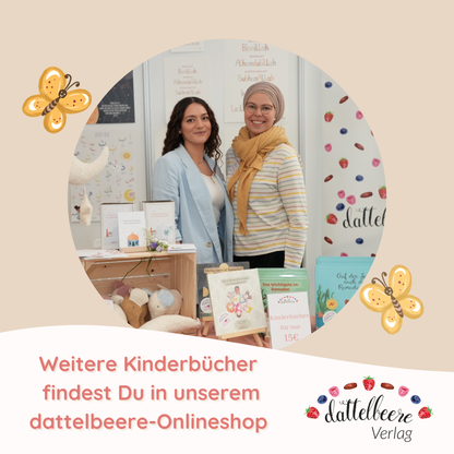 Die dattelbeere Gründerinnen am Stand des dattelbeere Verlags mit muslimischen Kinderbüchern wie „Das Wichtigste im Ramadan“ – Hinweis auf weitere Bücher im dattelbeere-Onlineshop.
