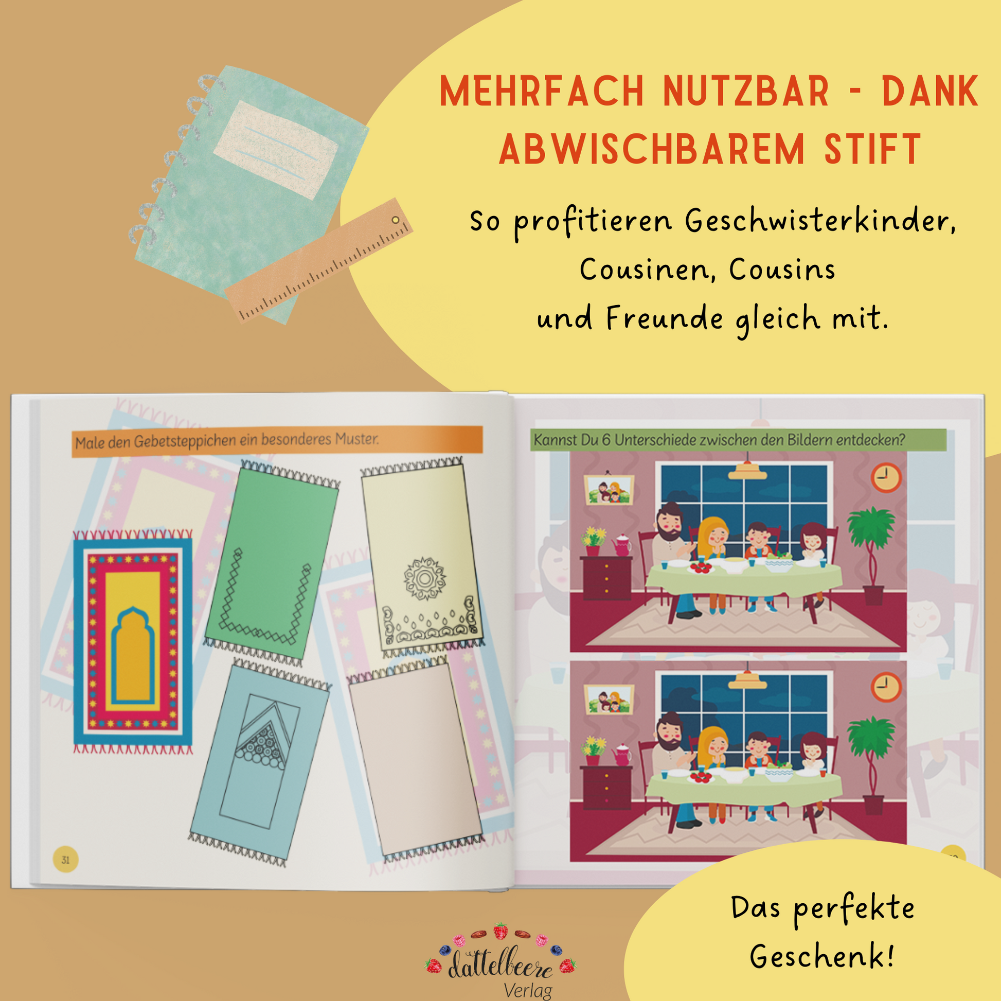 Wiederverwendbares muslimisches Mitmachbuch mit abwischbarem Stift – ideal als Geschenk für Geschwister und Freunde.