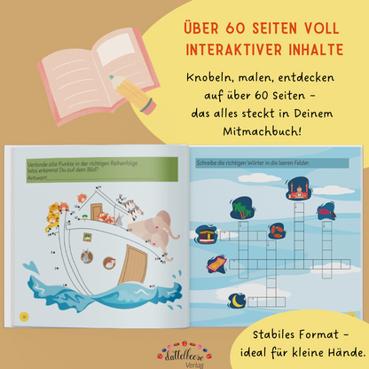 Islamisches Mitmachbuch mit 60 interaktiven Seiten für Kinder – spielerisch lernen, rätseln und malen im stabilen Format.