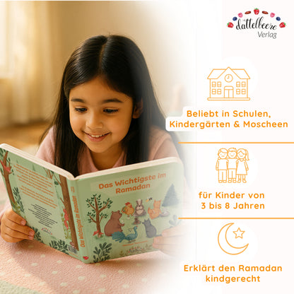 Mädchen liest das muslimische Kinderbuch „Das Wichtigste im Ramadan“ – erklärt den Fastenmonat kindgerecht.