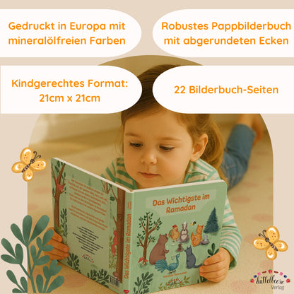 Mädchen liest das Pappbilderbuch „Das Wichtigste im Ramadan“ – robust, nachhaltig und ideal für Kinderhände.