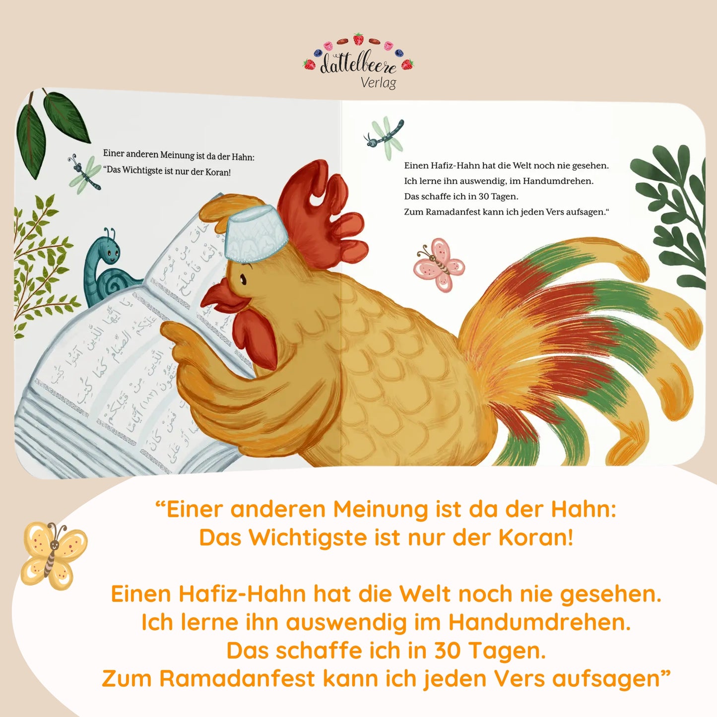 Illustration aus „Das Wichtigste im Ramadan“ – Hahn liest im Koran und lernt Verse zum Ramadanfest auswendig.