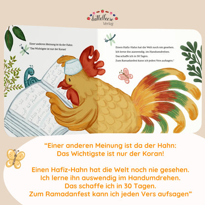 Illustration aus „Das Wichtigste im Ramadan“ – Hahn liest im Koran und lernt Verse zum Ramadanfest auswendig.