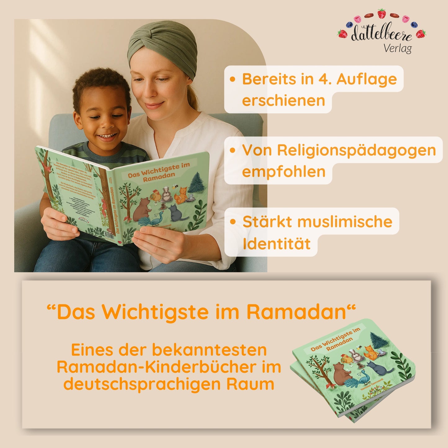 Mutter liest mit Kind das Buch „Das Wichtigste im Ramadan“ – empfohlen von Pädagogen, stärkt muslimische Identität.