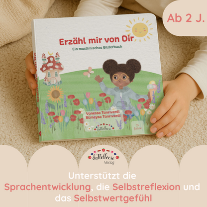 Muslimisches Bilderbuch „Erzähl mir von Dir“ ab 2 Jahren – fördert Sprache, Selbstreflexion und Selbstwertgefühl.