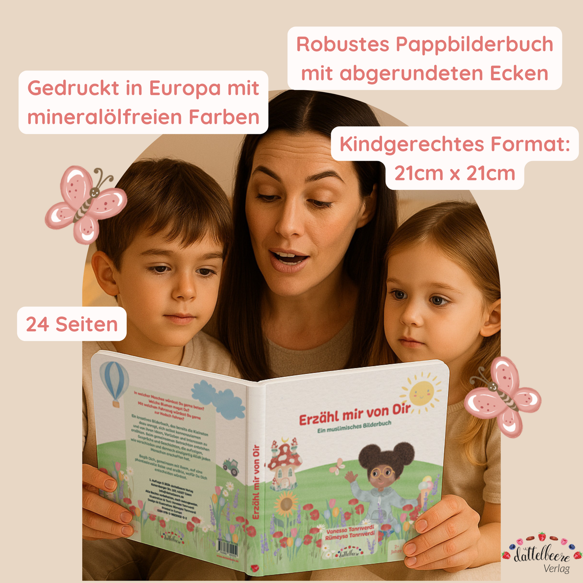 Familie liest muslimisches Pappbilderbuch „Erzähl mir von Dir“ – 24 Seiten, 21×21 cm, gedruckt mit mineralölfreien Farben.