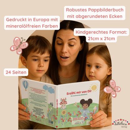Familie liest muslimisches Pappbilderbuch „Erzähl mir von Dir“ – 24 Seiten, 21×21 cm, gedruckt mit mineralölfreien Farben.