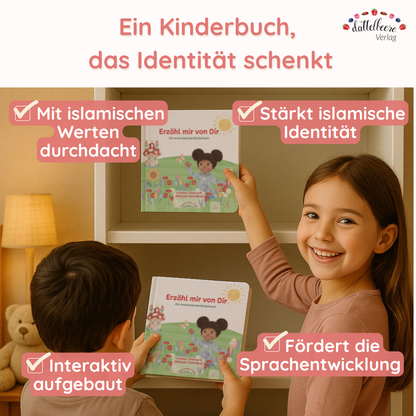 Kinder halten muslimisches Kinderbuch „Erzähl mir von Dir“ – mit islamischen Werten, sprachfördernd & identitätsstiftend.