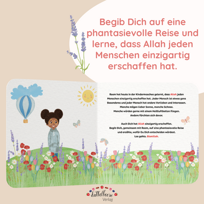 Doppelseite aus muslimischem Kinderbuch zeigt Reem auf einer Blumenwiese – Thema: Jeder Mensch ist einzigartig erschaffen.